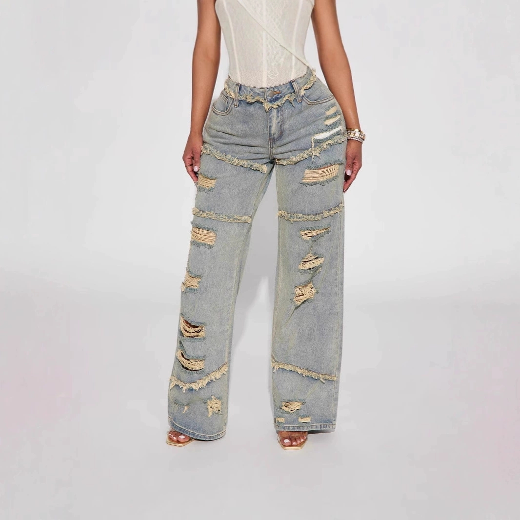 Vintage Washed Ripped Wide Leg Jeans