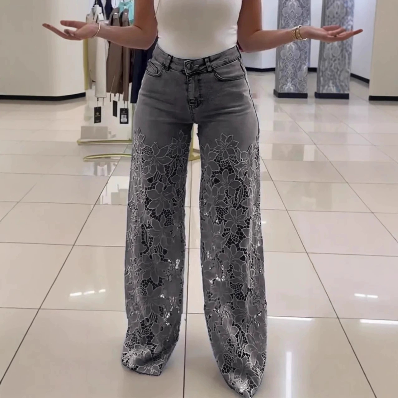 Lace Spliced High Waist Straight Jeans thumbnail 2