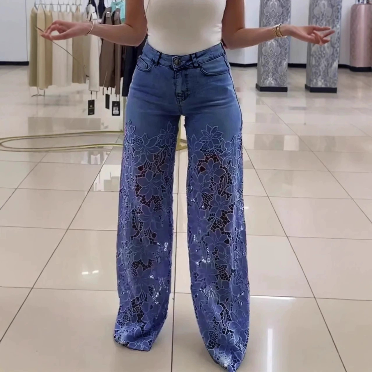Lace Spliced High Waist Straight Jeans thumbnail 3