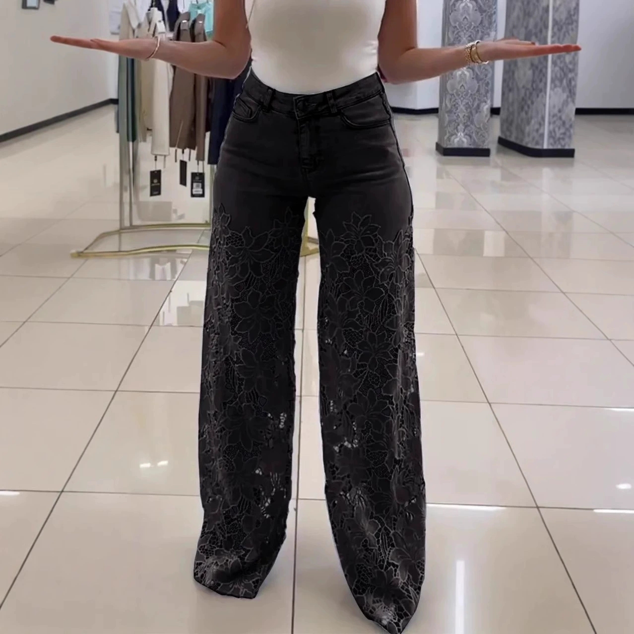 Lace Spliced High Waist Straight Jeans thumbnail 4