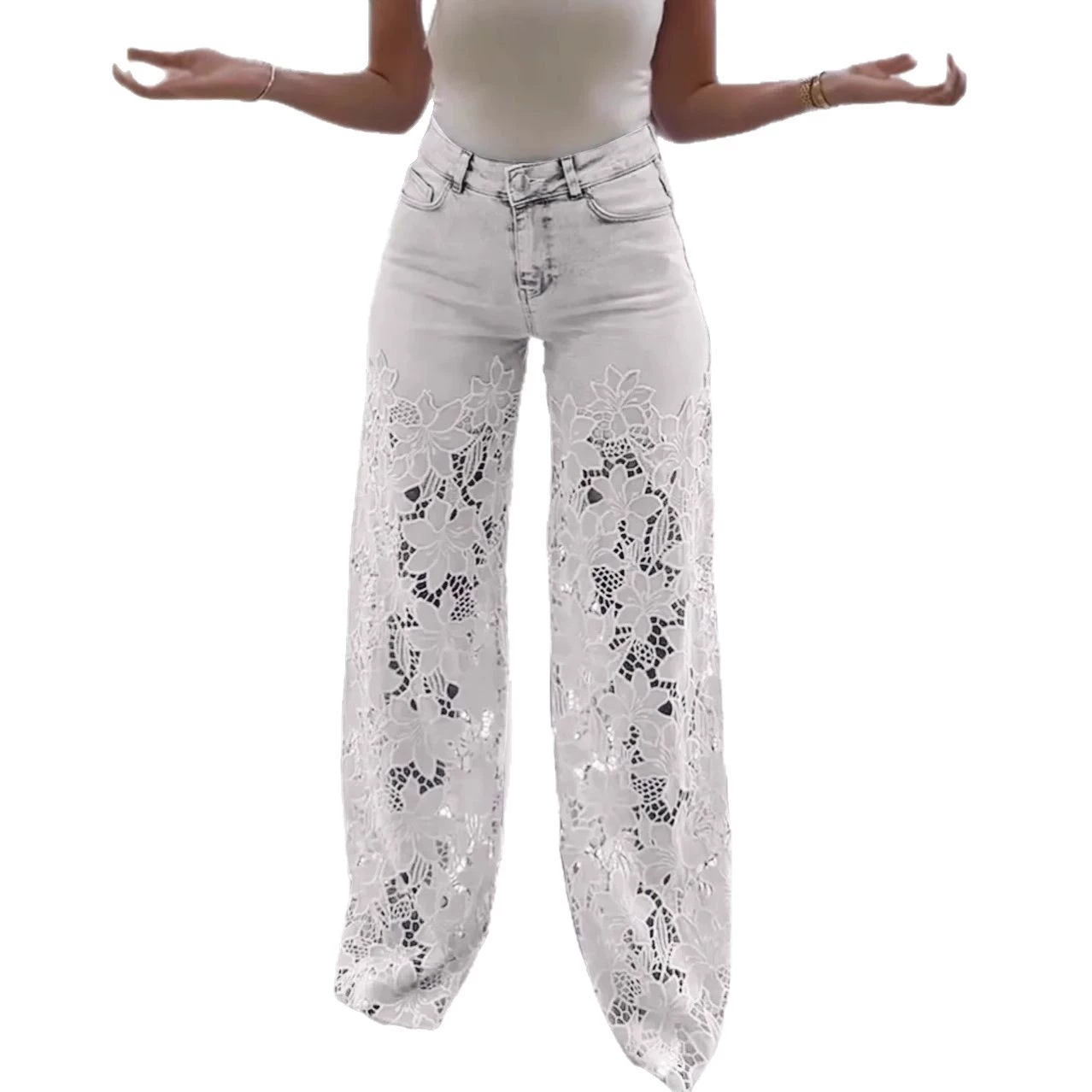 Lace Spliced High Waist Straight Jeans thumbnail 5
