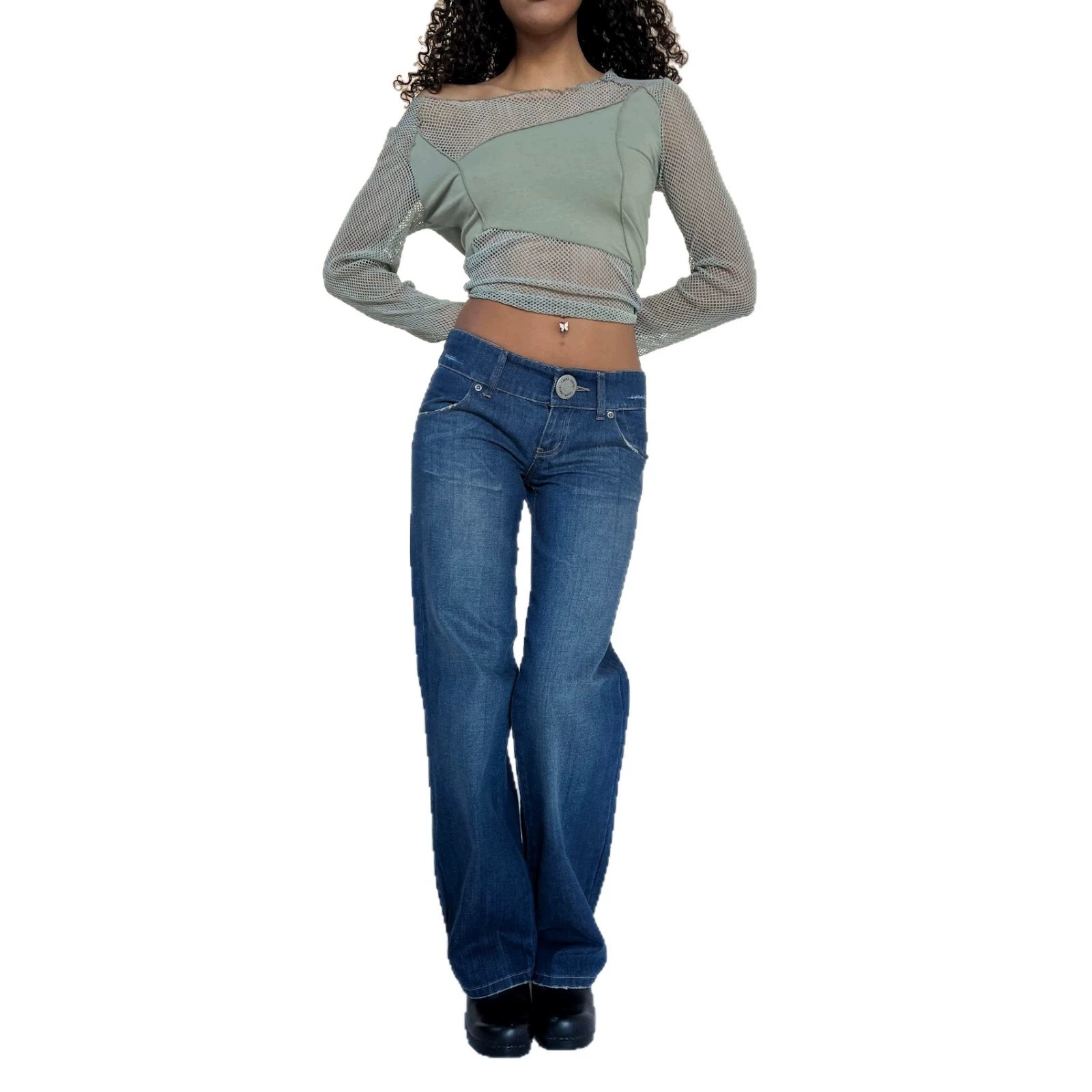 Washed Low Waist Ring Detail Straight Jeans - Image 1