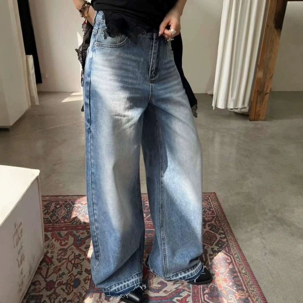 Washed Whisker Raw Hem Straight Jeans - Image 1