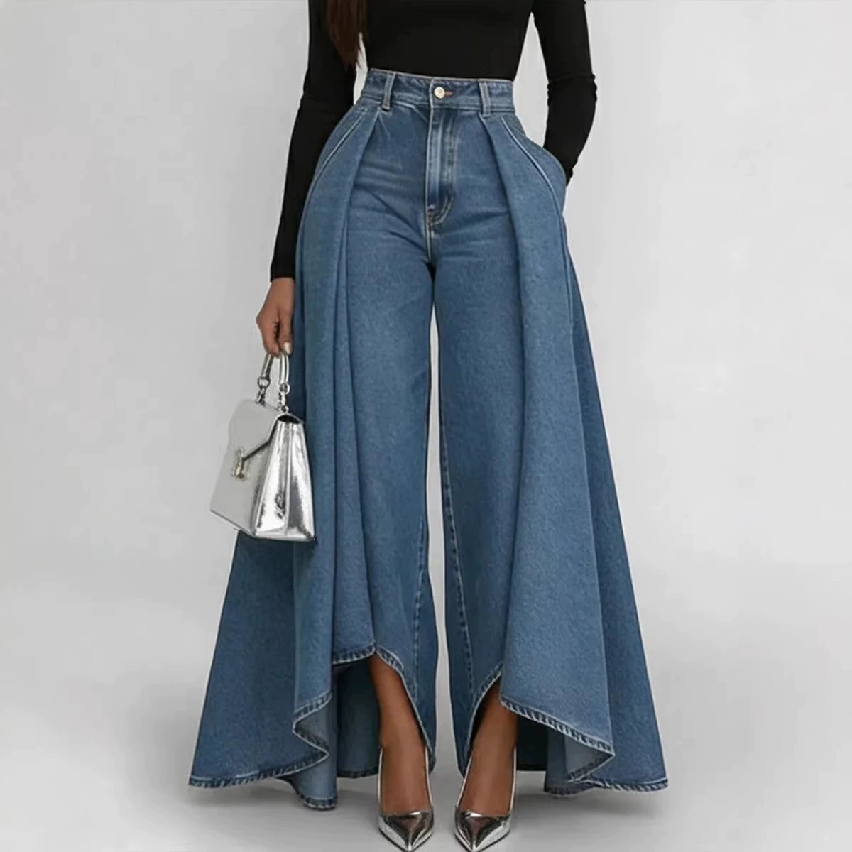 Whisker High Waist Pleated Wide Leg Jeans